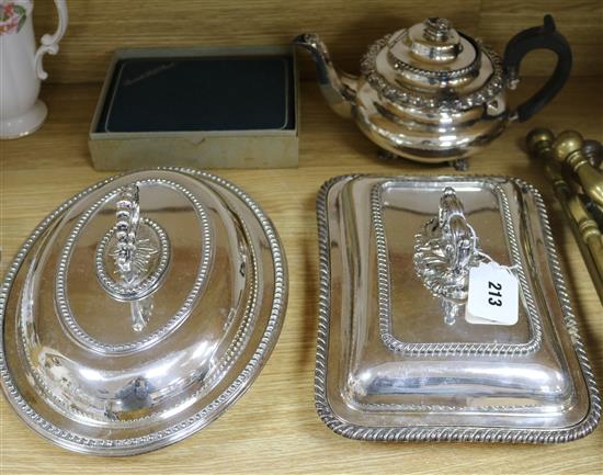 Two silver plated entree dishes, a silver spoon, a cased set of six silver teaspoons and a brush
